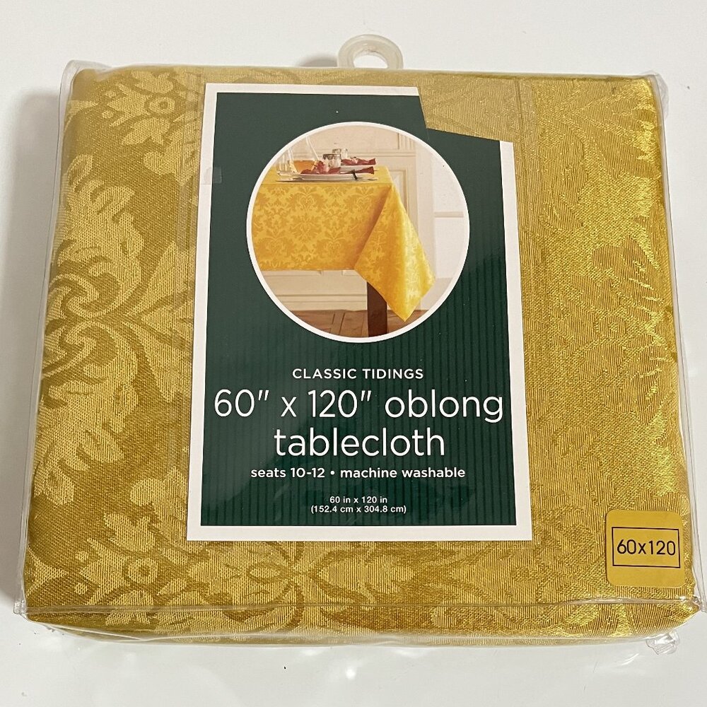 GOLD TABLECLOTH 60"x120"OBLONG/CLASSIC TIDINGS/ seats 10-12 - BRAND NEW